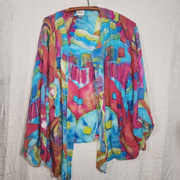 CHICOS sz 3 XL/16 Colorful Abstract Silk Short Kimono Jacket - Picture 1 of 7